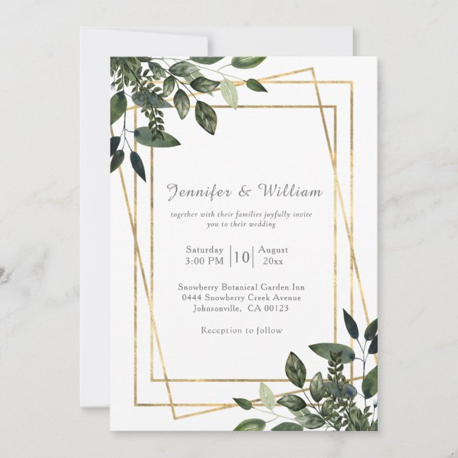 Greenery Green and Gold Geometric Rustic Wedding Invitation (Front)