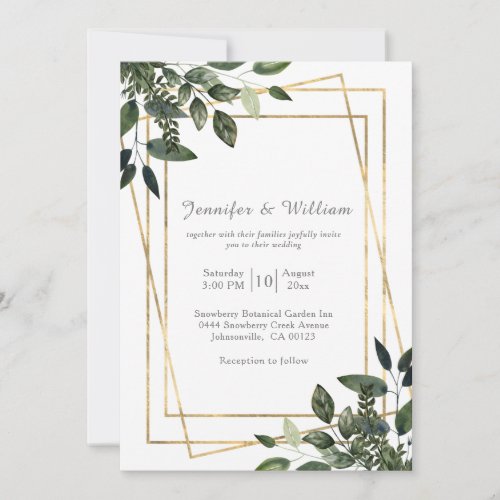 Greenery Green and Gold Geometric Rustic Wedding Invitation
