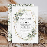 Greenery Green and Gold Geometric Rustic Wedding Invitation<br><div class="desc">Design features watercolor airy mixed greenery foliage and branches in various shades of green with printed gold design leaf elements over a gold colored geometric frame.</div>