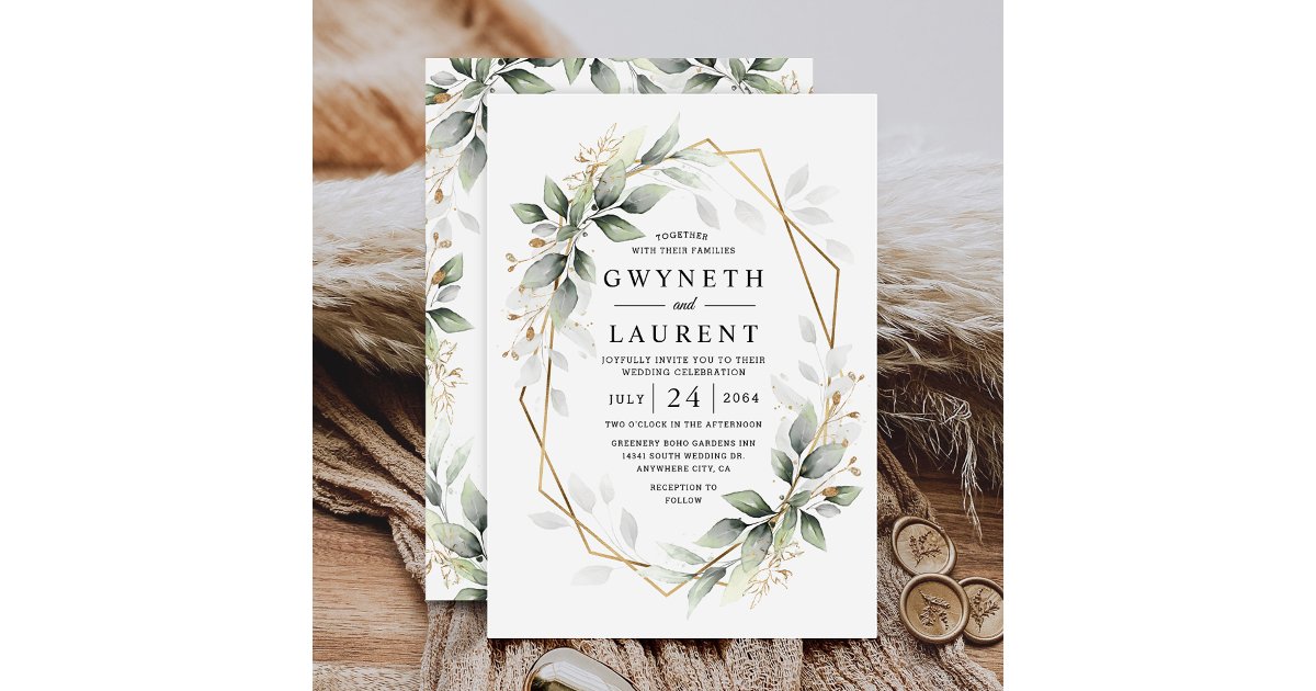 Greenery Green and Gold Geometric Rustic Wedding Invitation | Zazzle
