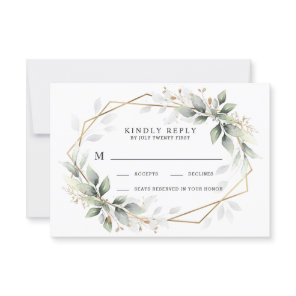 Greenery Green and Gold Geometric Rustic Wedding RSVP Card