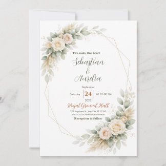 Greenery Green and Gold Geometric Wedding Invite