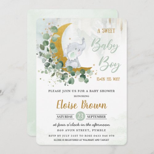 Greenery Green Elephant Sweet Baby Boy Shower  Invitation