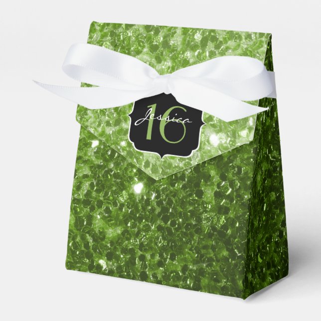 Greenery Green glitter sparkles Sweet 16 Favor Boxes (Front Side)