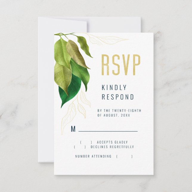 Greenery Green Gold Leaves Line Art RSVP Card (Front)
