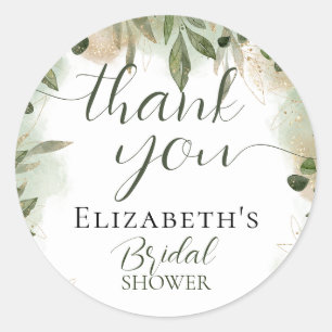 Greenery Green Gold Script Calligraphy Thank you Classic Round Sticker