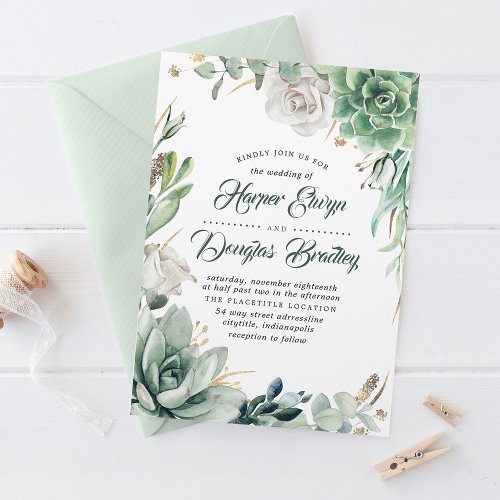 Greenery  Green  Gold  Succulent Floral Wedding Invitation