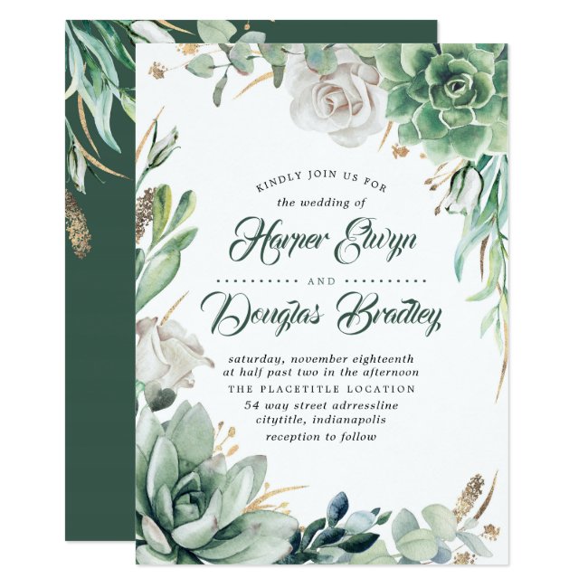 Greenery | Green & Gold | Succulent Floral Wedding Invitation