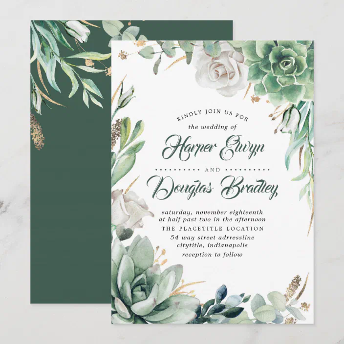 Greenery Green Gold Succulent Floral Wedding Invitation Zazzle Com