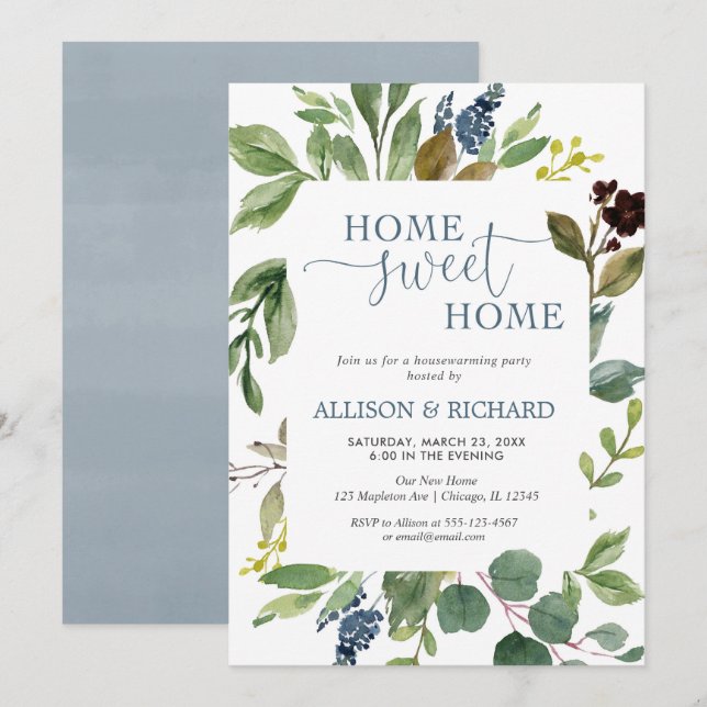 Greenery green leave dusty blue housewarming party invitation (Front/Back)