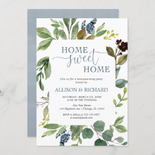 Greenery green leave dusty blue housewarming party invitation