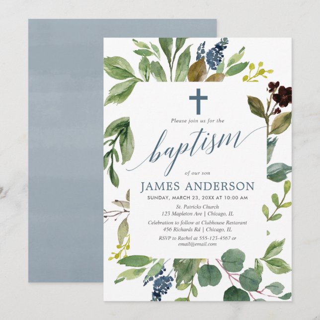 Greenery green leaves dusty blue boy baptism invitation (Front/Back)