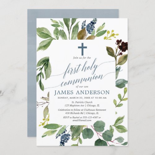 Greenery green leaves dusty blue first communion invitation