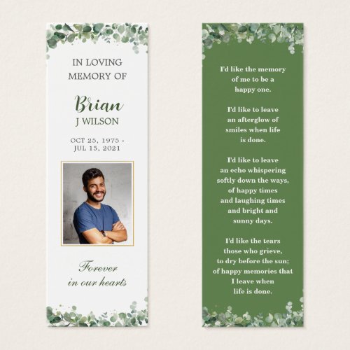 Greenery Green Photo Funeral Memorial Bookmark