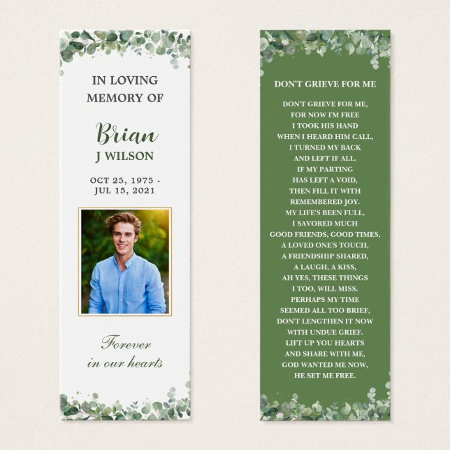 Greenery Green Photo Funeral Memorial Bookmark (Front & Back)