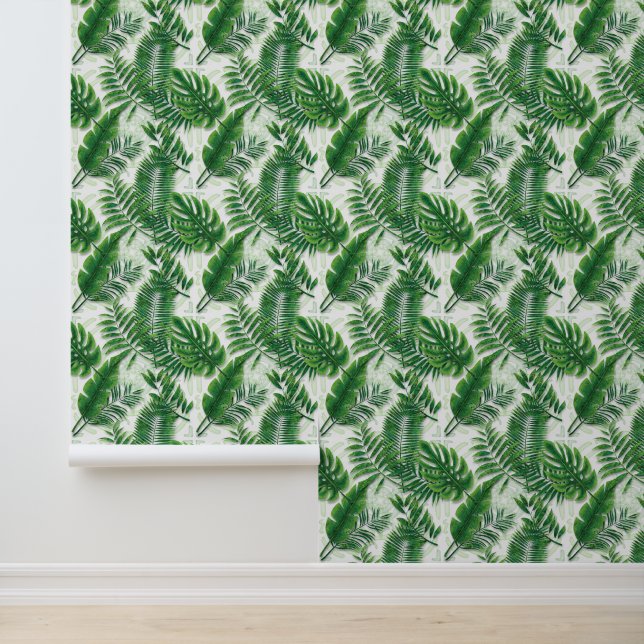 Greenery Green Tropical Leaves Pattern Wallpaper (Application)