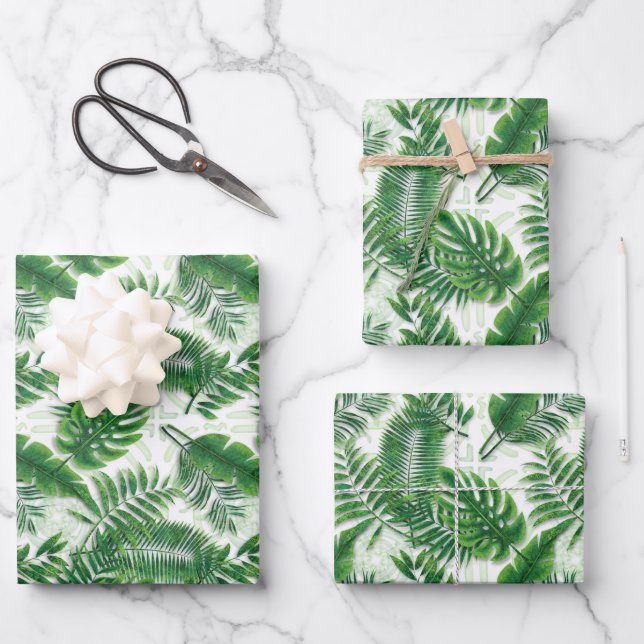Greenery Green Tropical Leaves Pattern Wrapping Paper Sheets (Front)