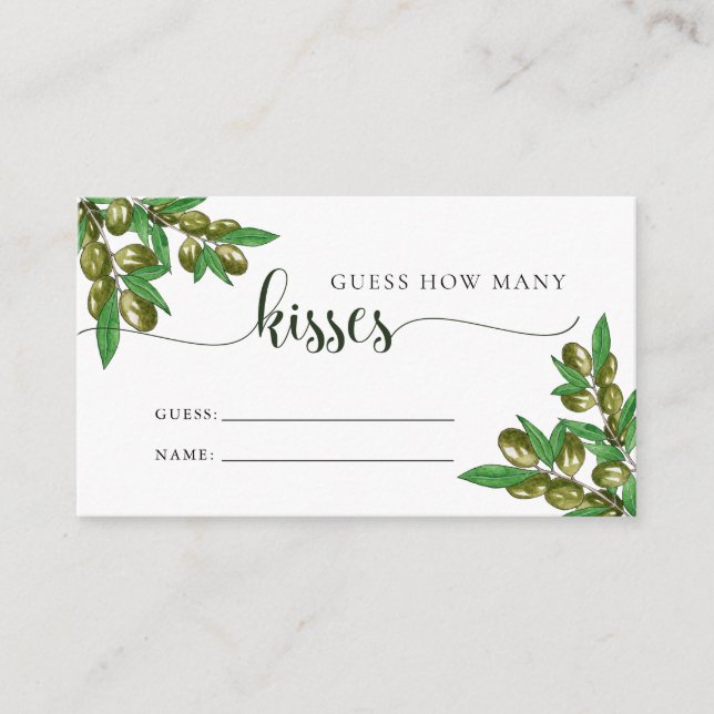 Greenery guess how many kisses bridal shower game  enclosure card (Front)