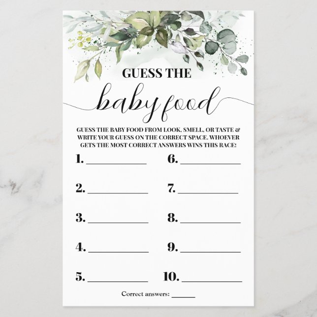 Greenery Guess the Baby Food Shower Game Card Flyer (Front)