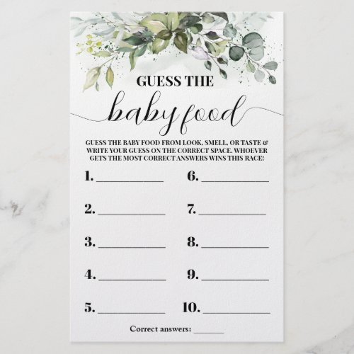 Greenery Guess the Baby Food Shower Game Card Flyer