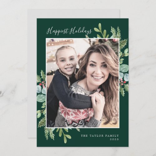 Greenery Happiest Holidays  Green Photo Holiday Card