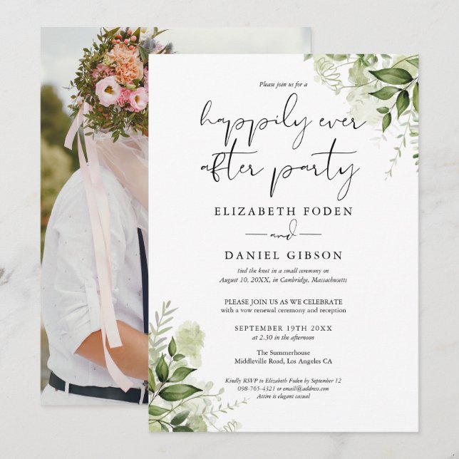 Greenery Happily Ever After Eloped Wedding Photo Invitation (Front/Back)