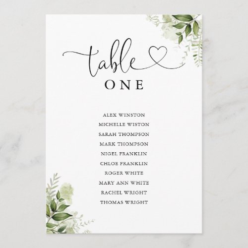 Greenery Heart Script Table Number Seating Chart