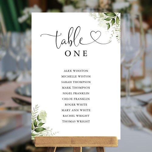 Greenery Heart Script Table Number Seating Chart