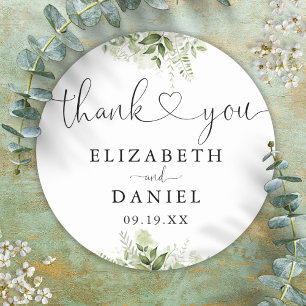 Greenery Heart Script Thank You Wedding Favor Classic Round Sticker