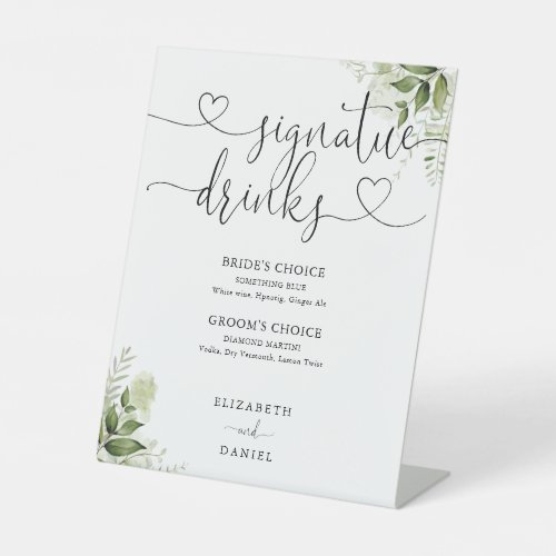 Greenery Heart Script Wedding Signature Drinks Pedestal Sign