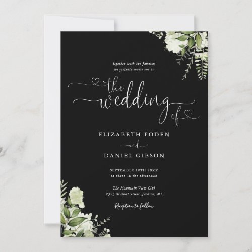 Greenery Hearts Script Black And White Wedding Invitation