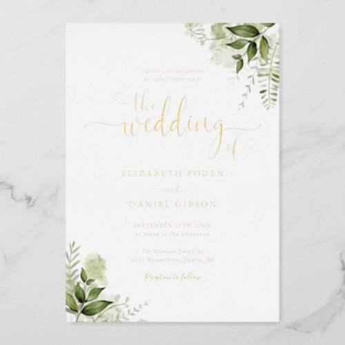Greenery Hearts Script Calligraphy Wedding Gold Foil Invitation - This elegant greenery leaves real gold foil wedding invitation can be personalized with your celebration details set in chic typography. Designed by Thisisnotme©