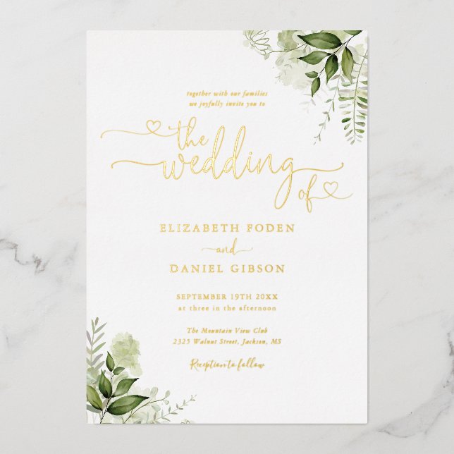 Greenery Hearts Script Calligraphy Wedding Gold Foil Invitation (Front)