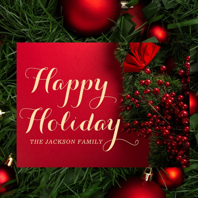 Greenery Holly & Berries Gold Typography Family Holiday Card (Creator Uploaded)