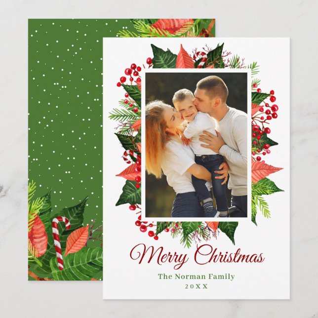 Greenery Holly Berries Merry Christmas Photo Holiday Card (Front/Back)