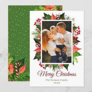 Greenery Holly Berries Merry Christmas Photo Holiday Card