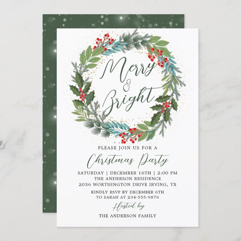 Greenery Holly Berries Wreath Christmas Party Invitation