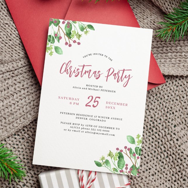 Greenery holly berry elegant Christmas party Invitation (Creator Uploaded)