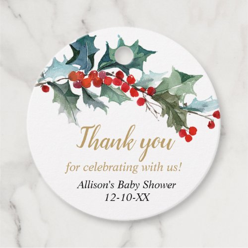 Greenery holly red gold watercolor baby shower favor tags