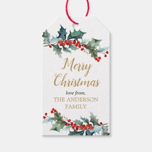 Greenery holly red gold watercolor Christmas Gift Tags