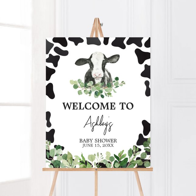 Greenery Holy Cow Baby Shower Welcome Poster (Gender Neutral Highland Cow Baby Shower Welcome Sign)