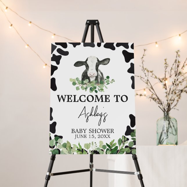 Greenery Holy Cow Baby Shower Welcome Sign (In Situ (Stand))