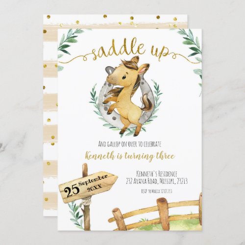 Greenery Horse Saddle Up Birthday Invitation