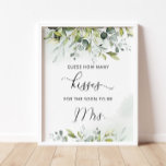 Greenery How Many Kisses Bridal Shower Game Poster at Zazzle