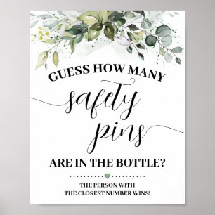 Greenery How Many Safety Pins Baby Shower Game Poster