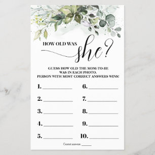 Greenery How old was Mom Baby Shower Game Card Flyer