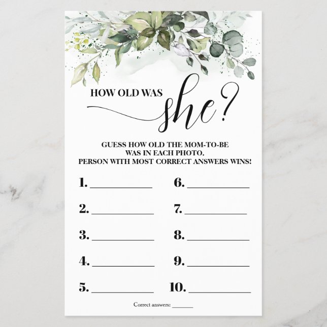 Greenery How old was Mom Baby Shower Game Card Flyer (Front)