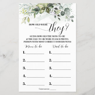 Greenery How old were They Baby Shower Game Card Flyer