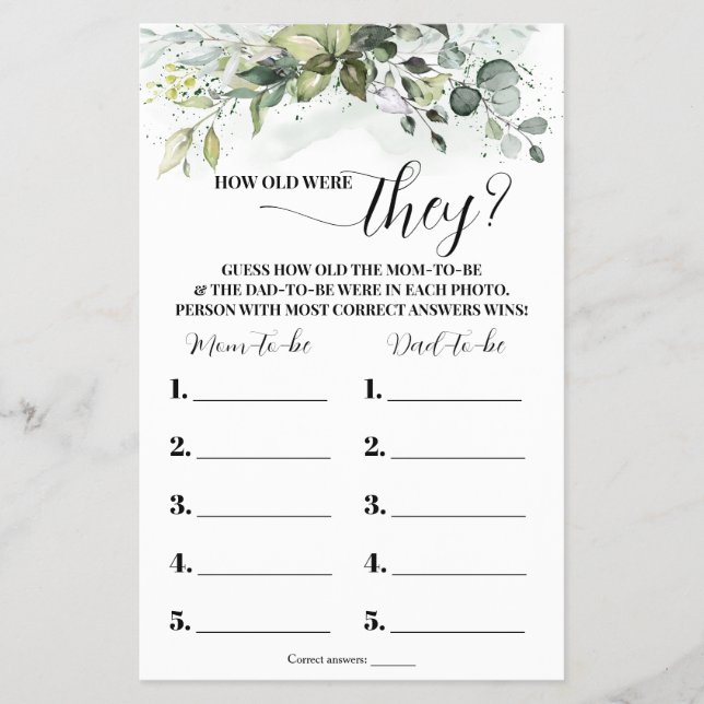 Greenery How old were They Baby Shower Game Card Flyer (Front)