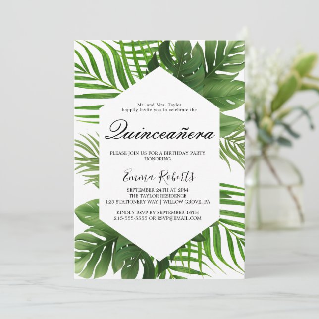 Greenery Hunter Green Quinceañera  Invitation (Standing Front)